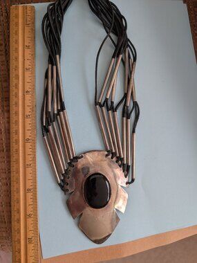Vintage 80's Metal and Leather Pendant necklace with Black Stone